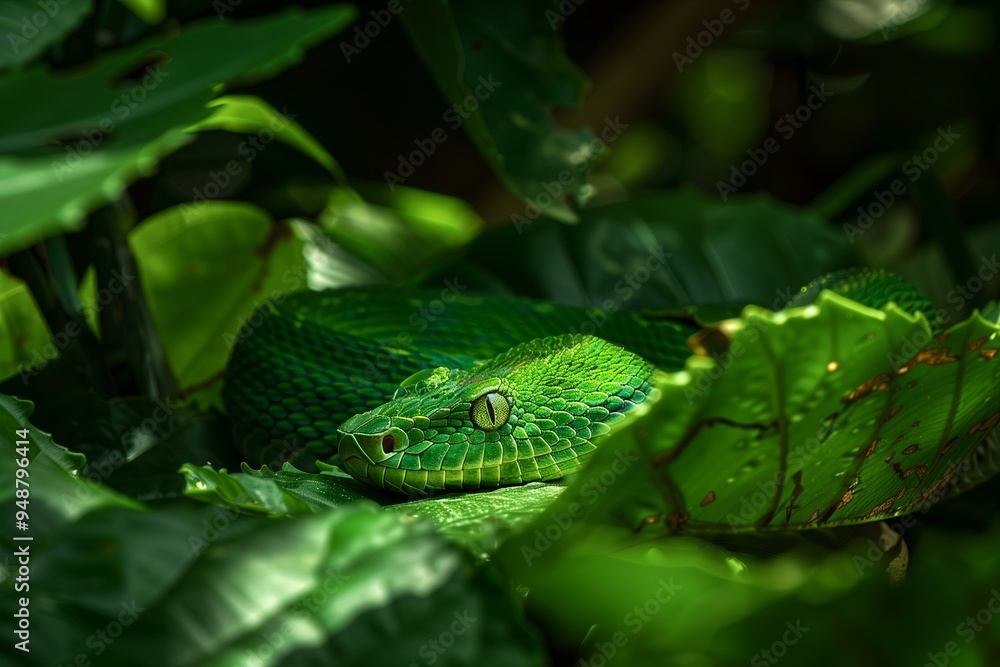 close up brightly colored green viper resting among the leaves, highing its detailed textures, dense forest with lush vegetation, dappled sun creating rich contrasts on close up brightly colored green viper resting among the leaves, highing its detailed textures, dense forest with lush vegetation, dappled sun creating rich contrasts on