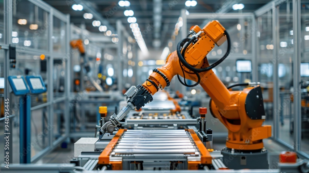 Naklejka premium Automated Factory with Robotic Arms on Assembly Line
