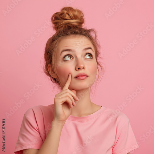 Portrait of a young woman in a pink shirt with a thoughtful expression, gazing upwards against a matching pink background. Captures a sense of curiosity and contemplation. photo