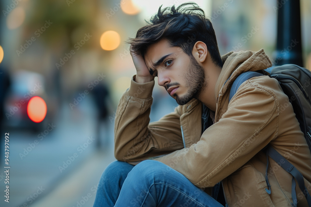 A tired young man sitting on a curb in an urban setting, looking upset and contemplative. Casual attire and a backpack suggest travel or a long day. A tired young man sitting on a curb in an urban setting, looking upset and contemplative. Casual attire and a backpack suggest travel or a long day.