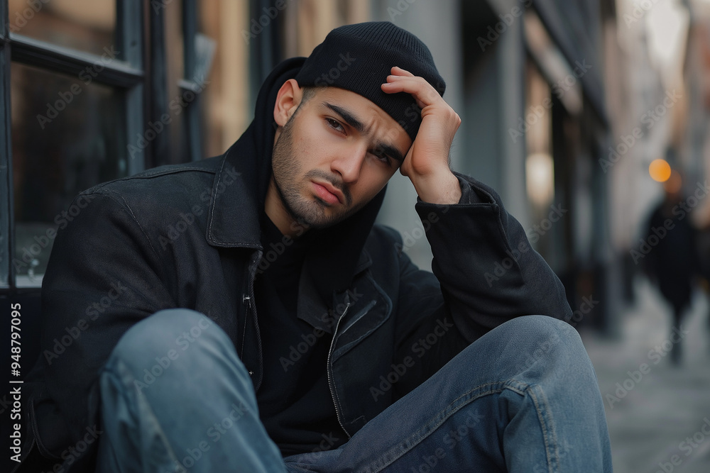 A tired young man in casual clothing sits on a curb in an urban environment, appearing thoughtful and upset. The moody atmosphere captures a moment of contemplation. A tired young man in casual clothing sits on a curb in an urban environment, appearing thoughtful and upset. The moody atmosphere captures a moment of contemplation.