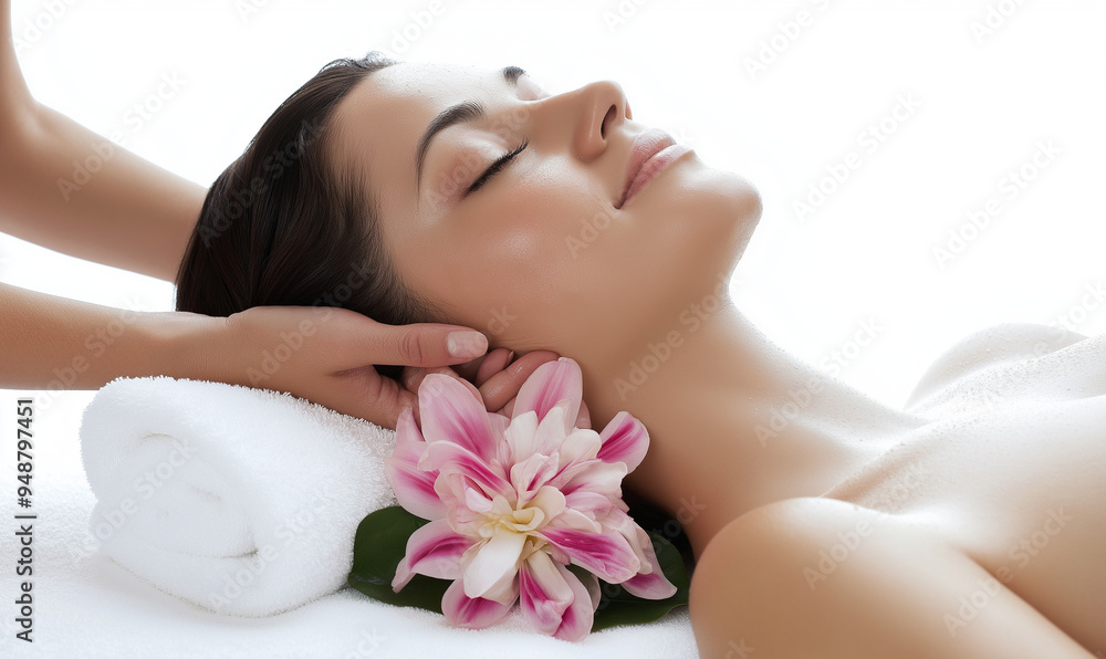 Relaxed Young Woman Enjoying Spa Treatment with Fresh Flowers Relaxed Young Woman Enjoying Spa Treatment with Fresh Flowers