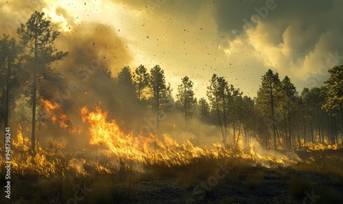 A wildfire blazing through a forested area, flames climbing high into the trees