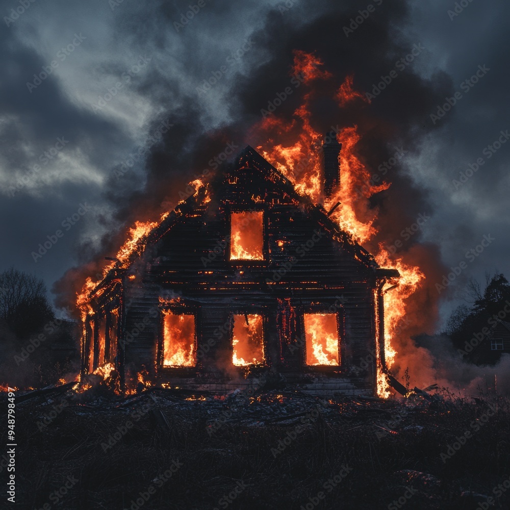 A wooden cabin consumed by fire, flames licking at the sky A wooden cabin consumed by fire, flames licking at the sky