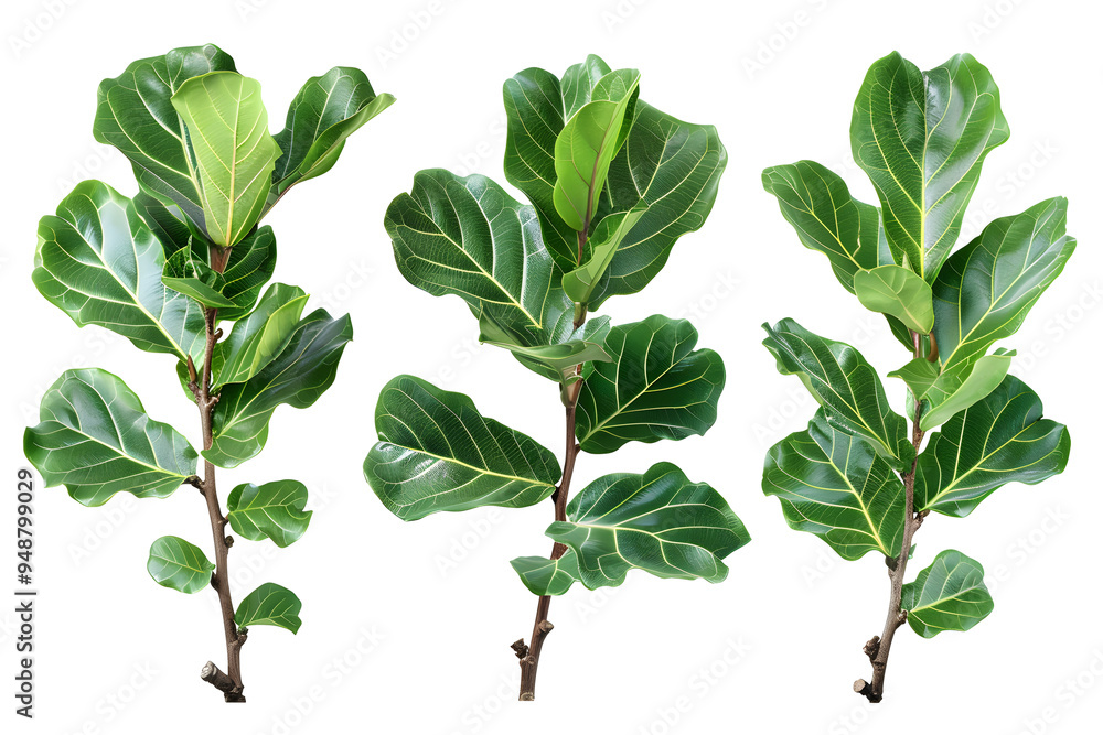 Set of ficus lyrata twigs with leaves isolated on transparent background. PNG, cutout. Clipart collection of green tropical plant branches. Set of ficus lyrata twigs with leaves isolated on transparent background. PNG, cutout. Clipart collection of green tropical plant branches.