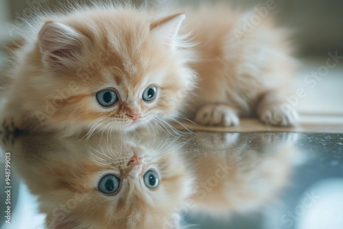 Adorable Fluffy Kitten Gazing at Reflection - Cute Pet Photography