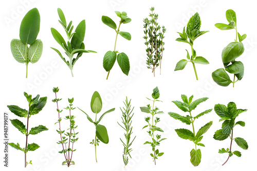 Wallpaper Mural Set of fresh mediterranean herbs, leaves and twigs isolated on transparent background. PNG, cutout. Clipart collection of aromatic herb, food ingredient, spice for culinary. Torontodigital.ca