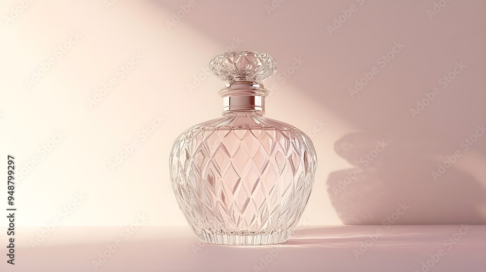 Elegant glass perfume bottle with intricate detailing, positioned against a light pastel background, perfect for adding a touch of luxury to any project Elegant glass perfume bottle with intricate detailing, positioned against a light pastel background, perfect for adding a touch of luxury to any project