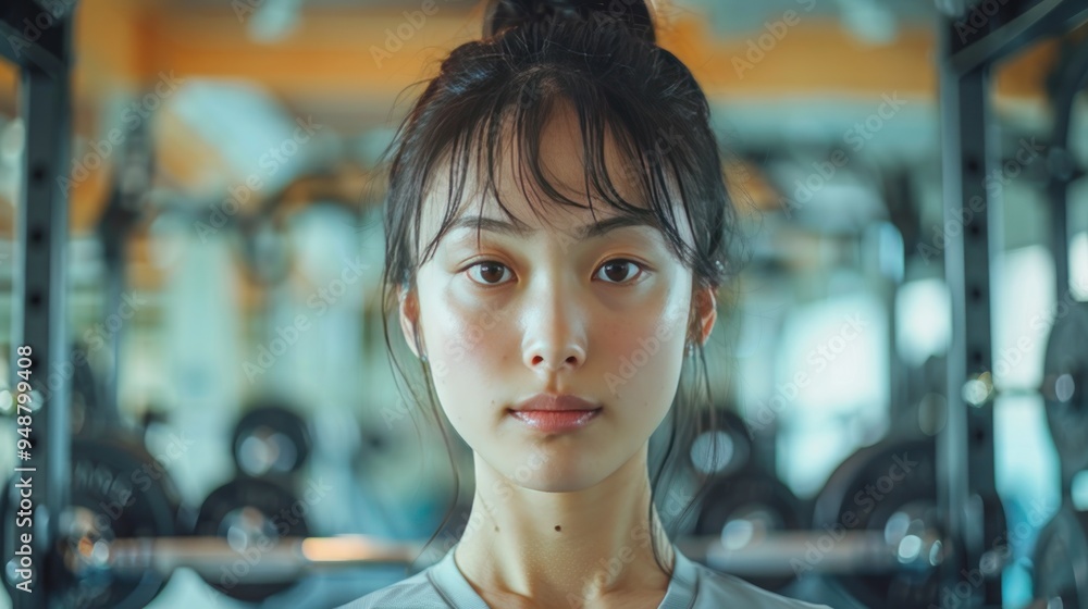 A high-quality portrait of a person exercising in the gym, in the weightlifting area, with neatly arranged dumbbells in the background. The subject shows determination, strength, and focus. A high-quality portrait of a person exercising in the gym, in the weightlifting area, with neatly arranged dumbbells in the background. The subject shows determination, strength, and focus.