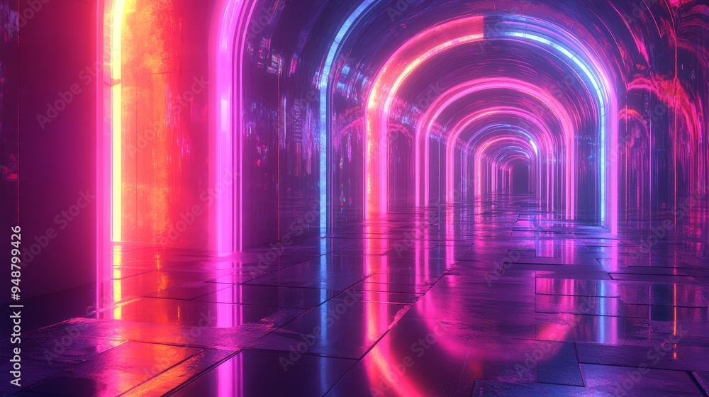 Futuristic Neon Corridor with Glowing Arches and Reflective Tiles Futuristic Neon Corridor with Glowing Arches and Reflective Tiles