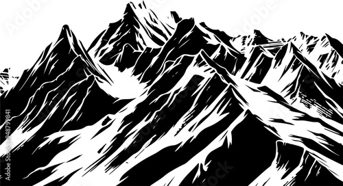 Dynamic Woodcut of Majestic Mountain Peaks