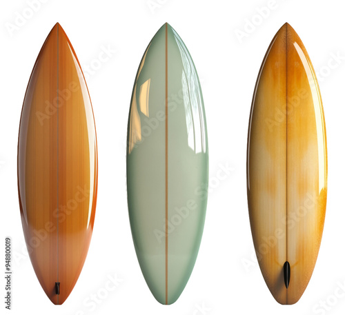 Set of surfboards in different colors isolated on transparent background