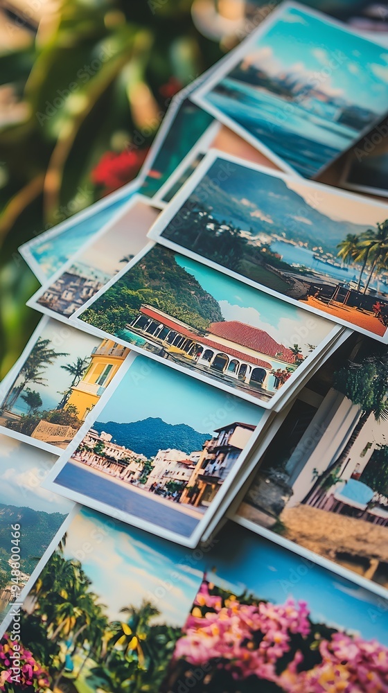 A stack of colorful postcards showcasing travel destinations, set on a light neutral background that allows for personalized messages A stack of colorful postcards showcasing travel destinations, set on a light neutral background that allows for personalized messages