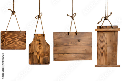 Set of wooden hanging banner, sign or boards isolated on transparent background. PNG, cutout. photo