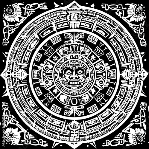 Mayan Calendar Art: Intricate Black and White Design