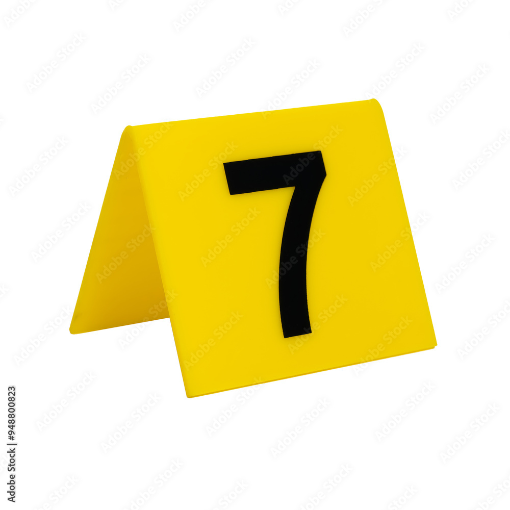 Crime scene investigation. Yellow evidence identification marker on transparent background number 7