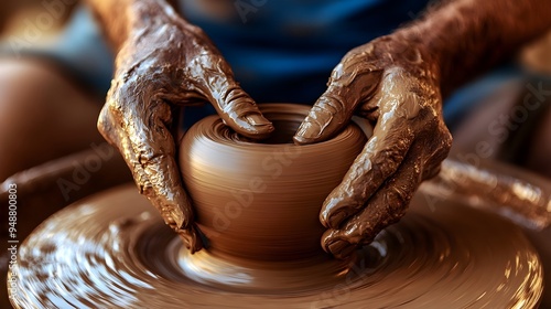 A close-up of a potter's hands shaping wet clay on a wheel, with a soft, blurred backdrop for emphasis