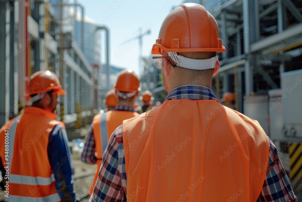 Workers in hard hats and vests at an industrial site Workers in hard hats and vests at an industrial site