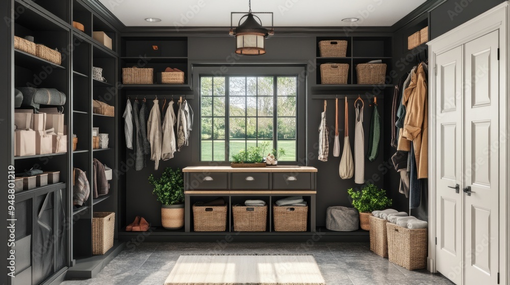 Fototapeta premium Modern Entryway with Black Shelving and Wicker Baskets.