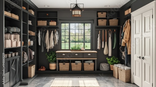 Wallpaper Mural Modern Entryway with Black Shelving and Wicker Baskets. Torontodigital.ca