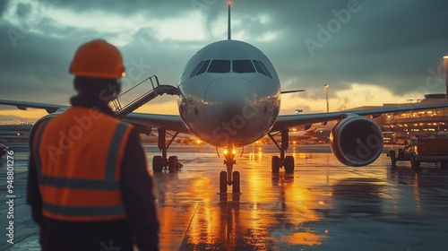 Personnel are preparing the aircraft for departure in overcast conditions at the airport