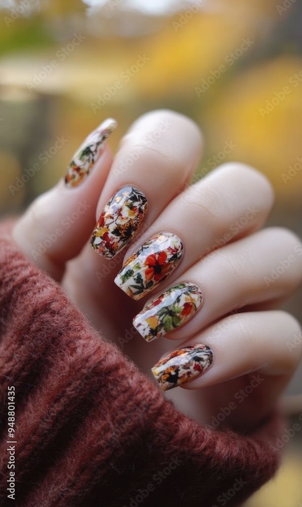 Close-up of hands with multicolored autumn nails Close-up of hands with multicolored autumn nails