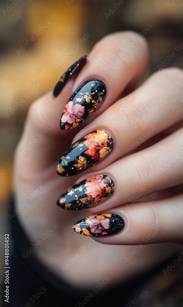 Close-up of hands with multicolored autumn nails Close-up of hands with multicolored autumn nails