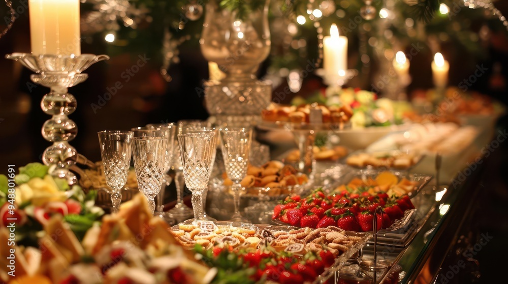 opulent banquet table adorned with gourmet delicacies and festive decorations crystal glasses catch the warm candlelight creating a luxurious ambiance for a highend corporate celebration opulent banquet table adorned with gourmet delicacies and festive decorations crystal glasses catch the warm candlelight creating a luxurious ambiance for a highend corporate celebration