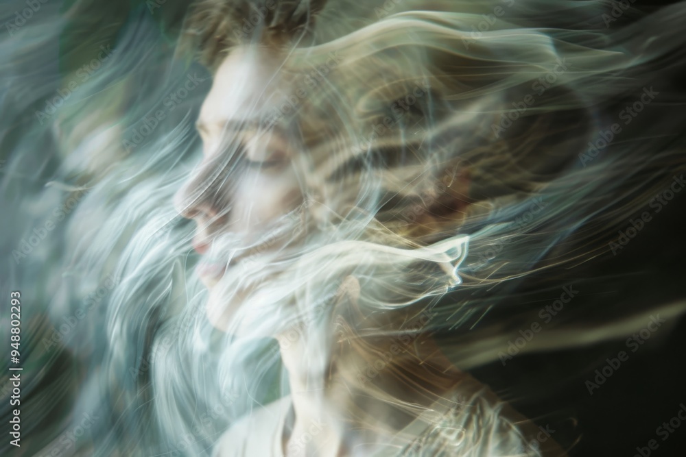 A woman with smoke billowing from her hair, creating a dramatic and surreal visual effect, Generate an image that appears to be in motion despite being still. AI generated A woman with smoke billowing from her hair, creating a dramatic and surreal visual effect, Generate an image that appears to be in motion despite being still. AI generated