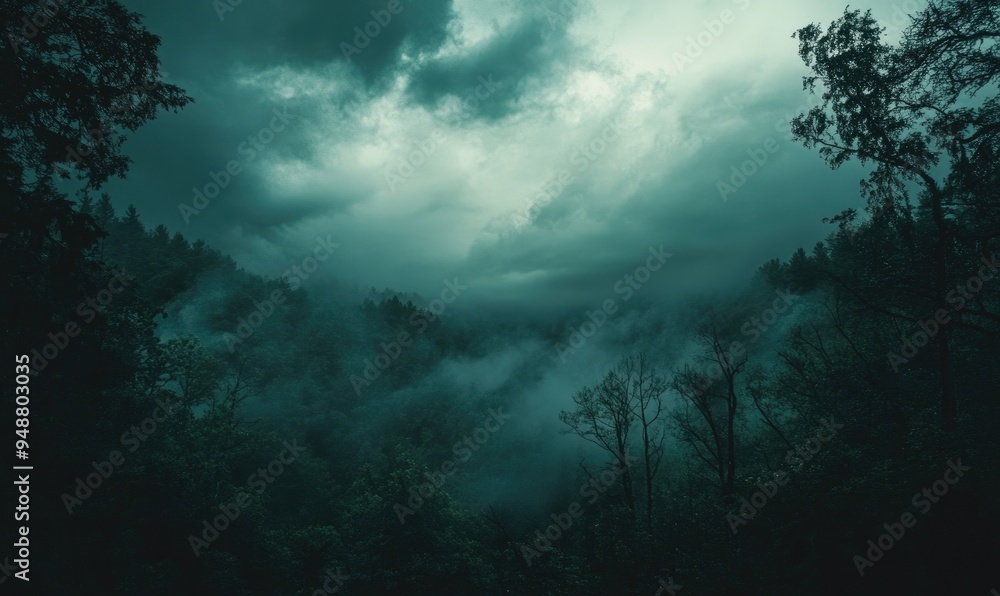 Fototapeta premium Dark and brooding clouds gathering over a dense forest