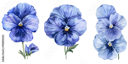 Fototapeta Naklejka Na Ścianę i Meble -  Viola, pansies flowers, clipart set, illustration in watercolor style isolated on transparent background for wedding invitation, postcard design, scrapbooking and greeting cards. PNG, cutout.