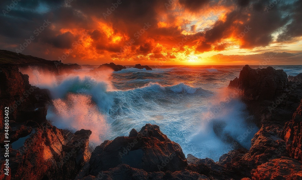 Fototapeta premium Deep orange and red sunset over a rocky coastline