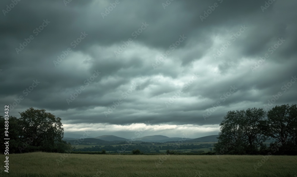 Dark, overcast sky looming above a quiet countryside Dark, overcast sky looming above a quiet countryside