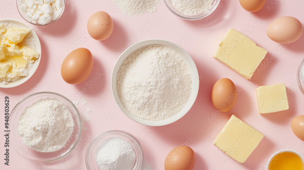Baking Ingredients Flat Lay on Pink Background Baking Ingredients Flat Lay on Pink Background
