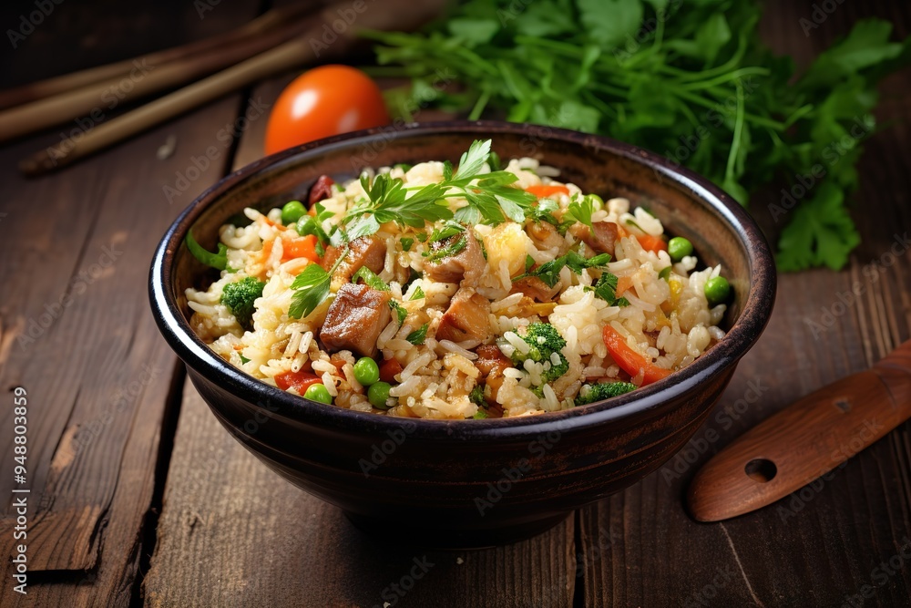 A bowl of fried rice with meat and vegetables