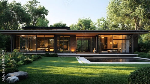 Contemporary residence facade featuring a well-kept lawn, expansive glass openings, sleek architectural lines, inviting entrance, harmonious with surrounding landscape