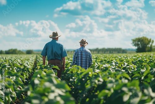 Two farmers Examining Soy Crops for Health and Yield in Rural Field