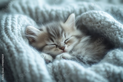 Adorable Sleeping Kitten Wrapped in Cozy Knit Blanket