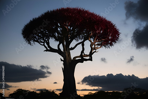  Dragon's Blood Tree standing tall against a stark, barren landscape.  The minimalistic composition highlights the tree's distinct shape and the harsh beauty of its environment. photo