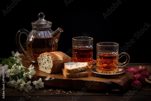 two glasses of tea sit on a wood with bread