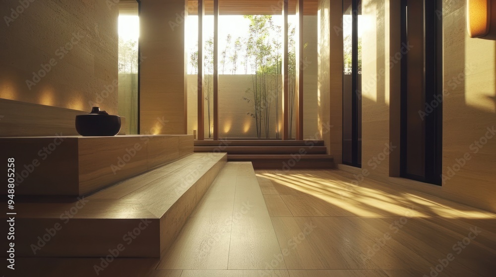 A minimalist interior design with natural light streaming through a window, illuminating wooden flooring. A minimalist interior design with natural light streaming through a window, illuminating wooden flooring.
