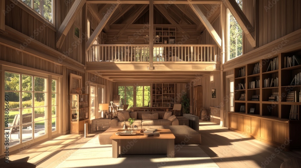 Cozy living room in a wooden cabin with a loft, a sofa, a coffee table, a bookshelf, and large windows with sunlight streaming through. Cozy living room in a wooden cabin with a loft, a sofa, a coffee table, a bookshelf, and large windows with sunlight streaming through.