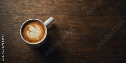 close up of coffee cup with latte art tulip from above.