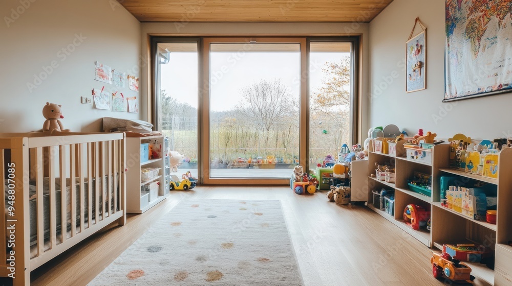 Fototapeta premium Bright and airy nursery with toys and a crib.