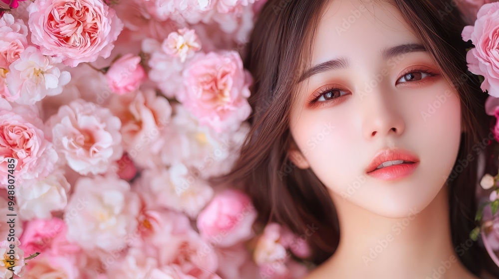 Ethereal Woman in Serene Garden with Pastel Flowers Ethereal Woman in Serene Garden with Pastel Flowers
