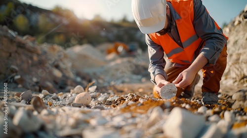 A civil engineer wearing orange safety vest white helmet, examining the surface for construction