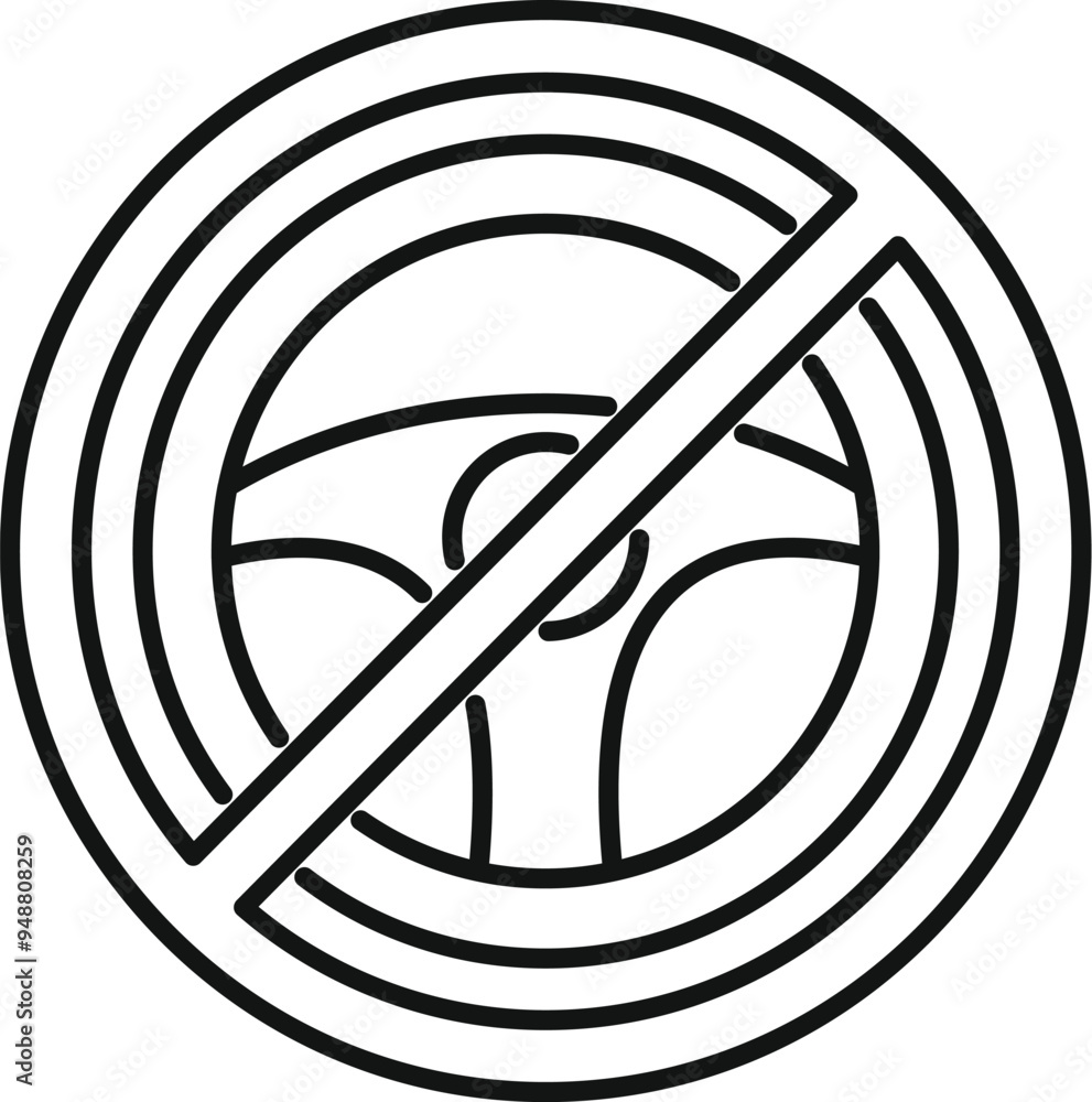 Simple line art icon of a steering wheel with a diagonal line through it, representing the prohibition of driving Simple line art icon of a steering wheel with a diagonal line through it, representing the prohibition of driving