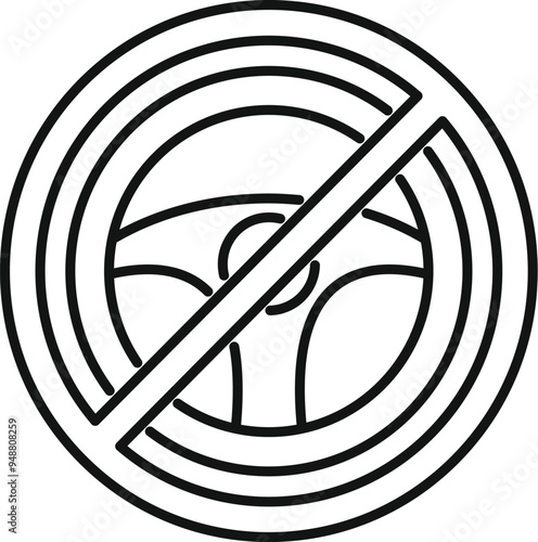 Simple line art icon of a steering wheel with a diagonal line through it, representing the prohibition of driving