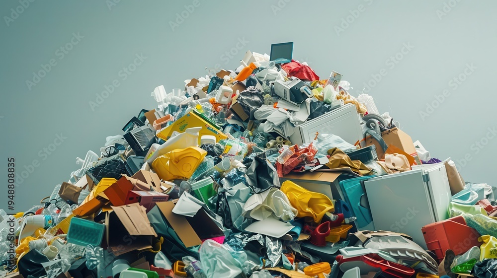 Fototapeta premium overwhelming mountain of colorful household waste plastic paper electronics piled high stark contrast with clean background environmental crisis imagery