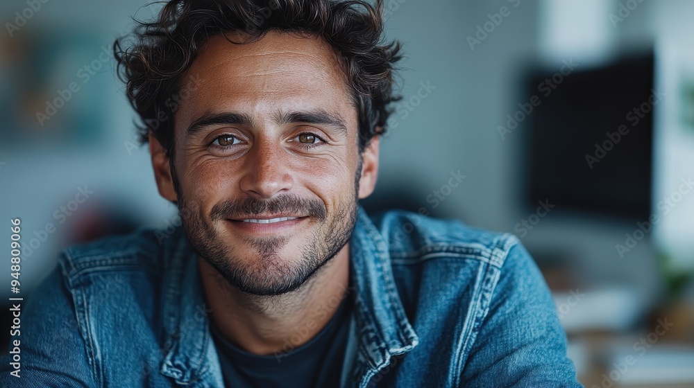 Casual man with a charming smile and wearing a denim jacket poses warmly to the camera in a relaxed indoor setting, showcasing comfort and friendliness. Casual man with a charming smile and wearing a denim jacket poses warmly to the camera in a relaxed indoor setting, showcasing comfort and friendliness.